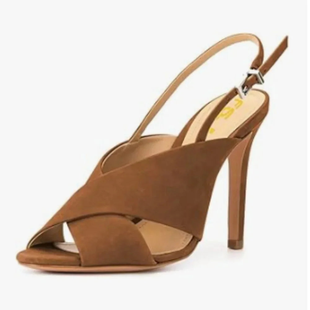 FSJ Brown Slingback Sandals High Heel Peep Toe Crisscross Strappy Buckle Shoes
